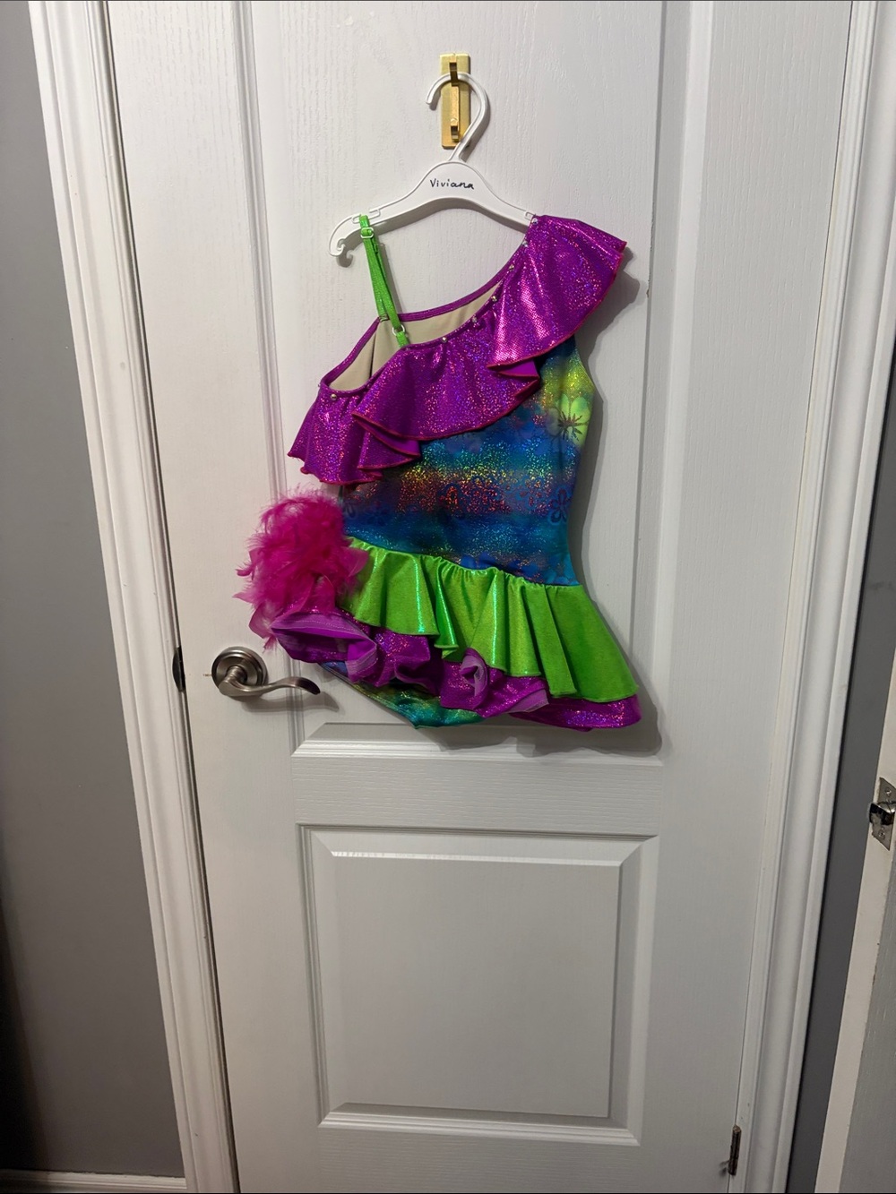 Kids One-Shoulder Dance Costume in Purple & Green